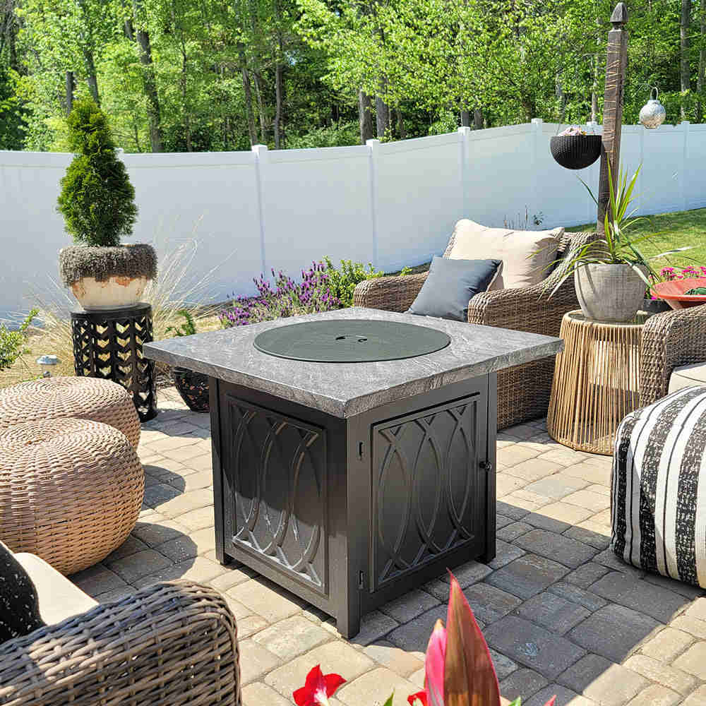 PHI VILLA 32 Inch 50,000 BTU Outdoor Terrafab Square Gas Fire Pit Table With Lid & Lava Rocks & PVC Cover