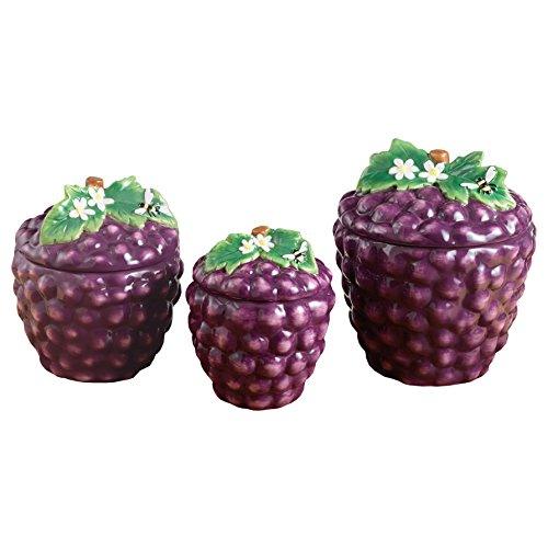 Set Of 3 Purple Ceramic Grape Canister Set with Tight Lids for Kitchen or Bathroom