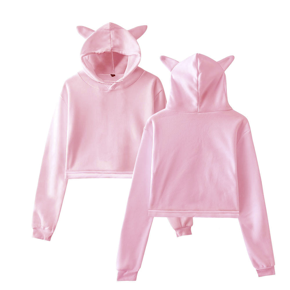 Cropped Long Sleeved Pull-Over Hoodie with Cat Ears