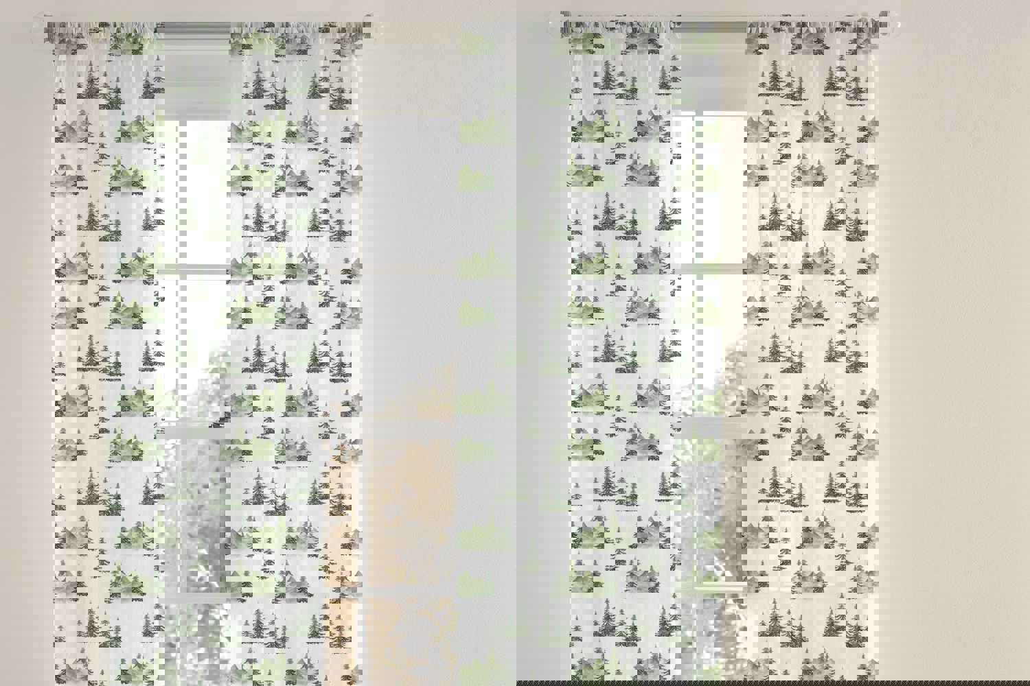 Pine Tree Mountains Sheer Curtain Single Panel - Enchanted Green for Nursery and Kids Room