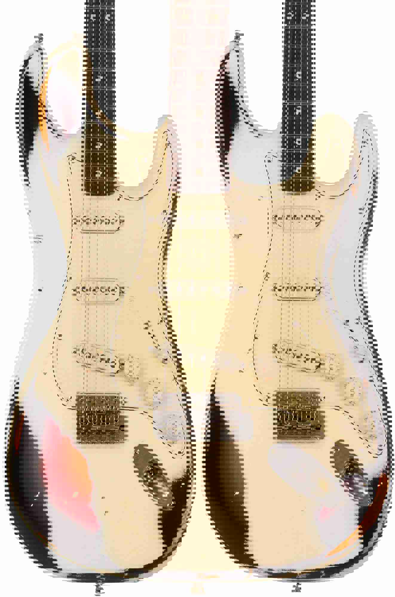 Nash S-67 Guitar, Olympic White over 3 Tone Sunburst, Heavy Aging