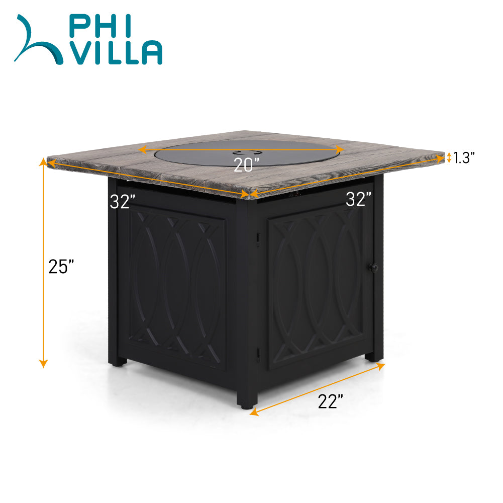 PHI VILLA 32 Inch 50,000 BTU Outdoor Terrafab Square Gas Fire Pit Table With Lid & Lava Rocks & PVC Cover