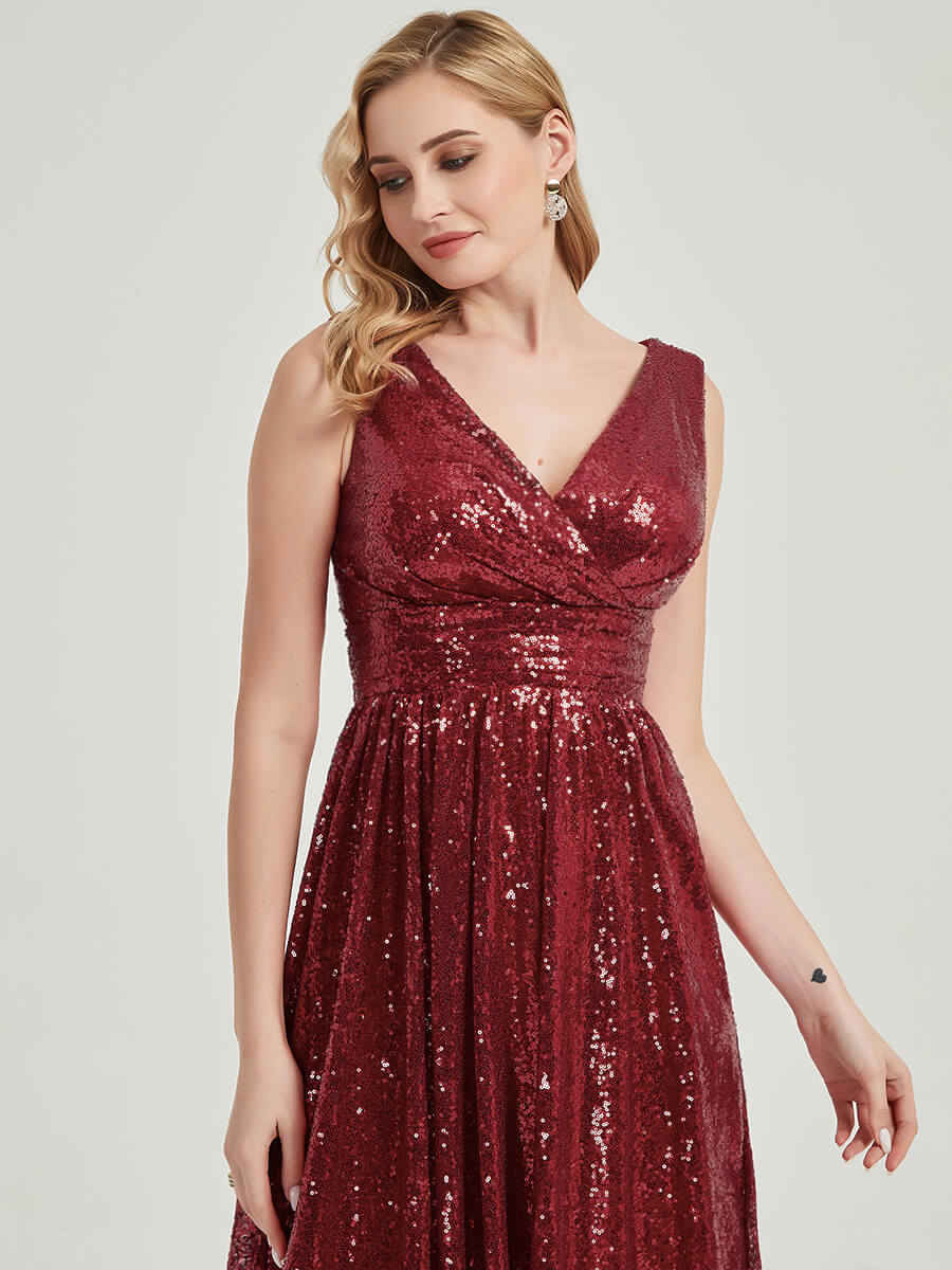 Wine Red V-Neck Sleeveless Floor Length Sequin Bridesmaid Dress