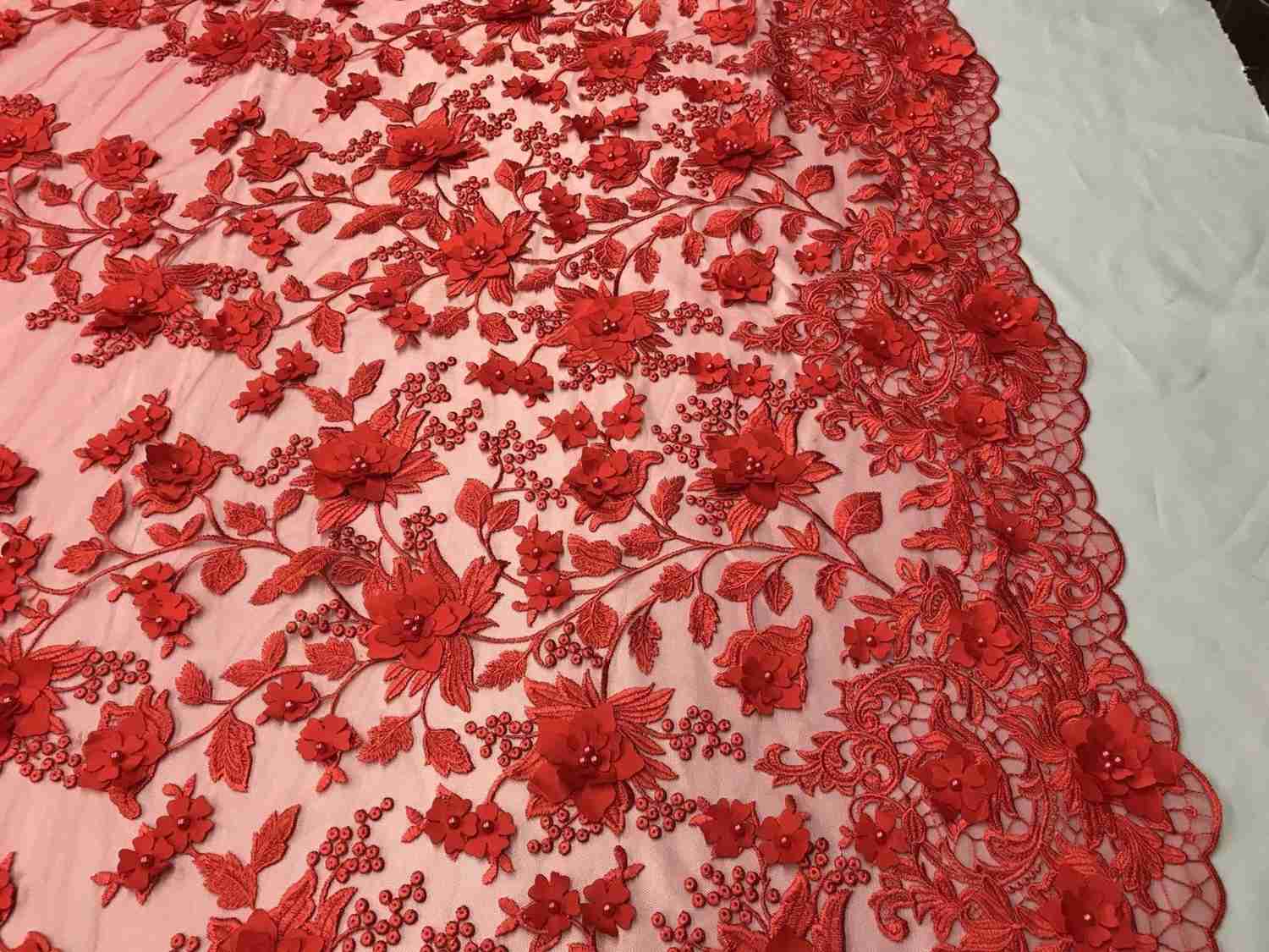 Red 3D Floral Design Embroidered and Beaded Mesh Lace Fabric