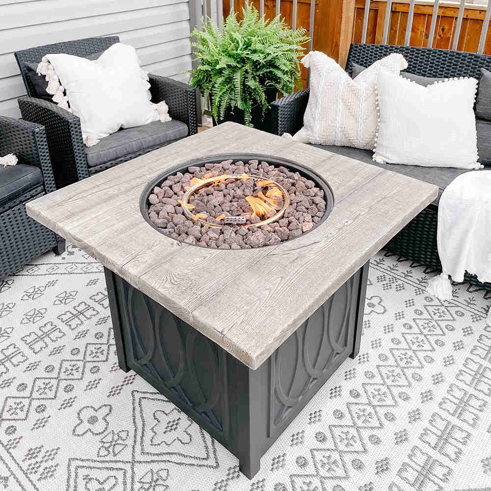 PHI VILLA 32 Inch 50,000 BTU Outdoor Terrafab Square Gas Fire Pit Table With Lid & Lava Rocks & PVC Cover