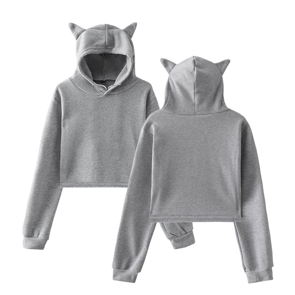 Cropped Long Sleeved Pull-Over Hoodie with Cat Ears