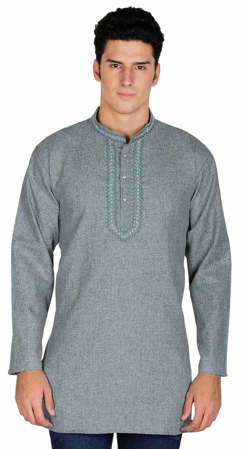 Cotton Embroidered Mens Short Kurta - Green Indian Fashion Clothing