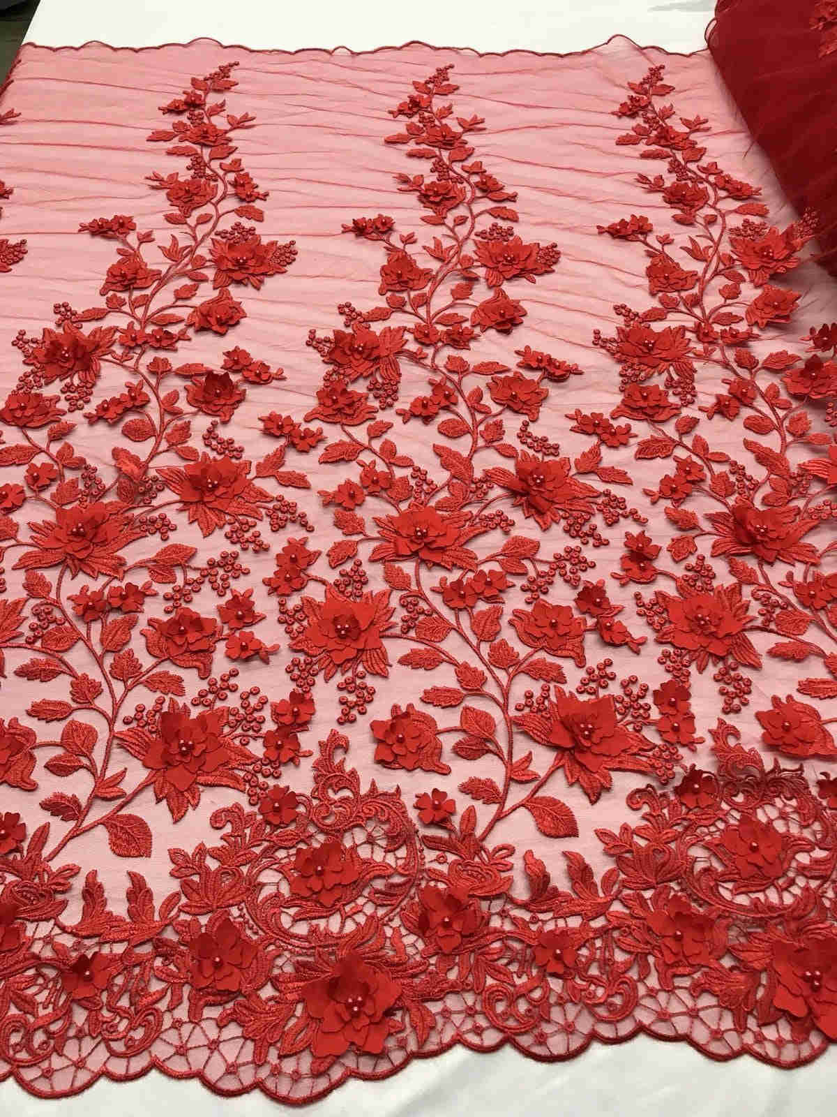 Red 3D Floral Design Embroidered and Beaded Mesh Lace Fabric