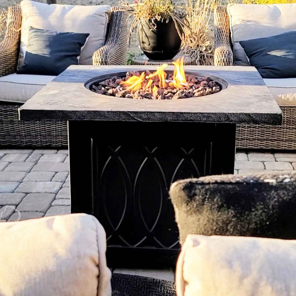 PHI VILLA 32 Inch 50,000 BTU Outdoor Terrafab Square Gas Fire Pit Table With Lid & Lava Rocks & PVC Cover