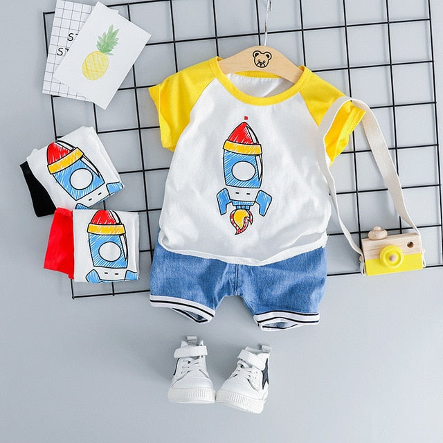 MOF Kids Baby Boy Summer Outfit - Cartoon Print T-Shirt & Shorts