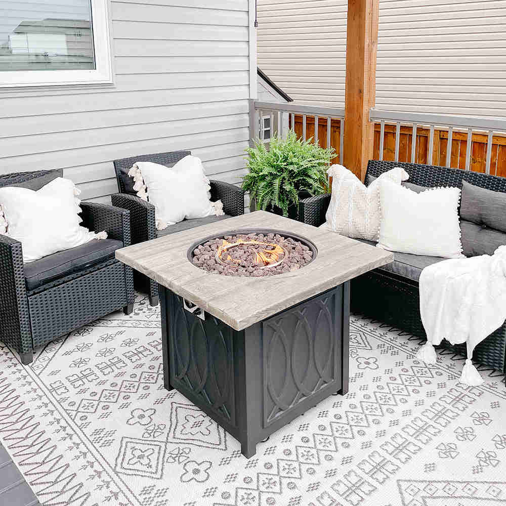 PHI VILLA 32 Inch 50,000 BTU Outdoor Terrafab Square Gas Fire Pit Table With Lid & Lava Rocks & PVC Cover