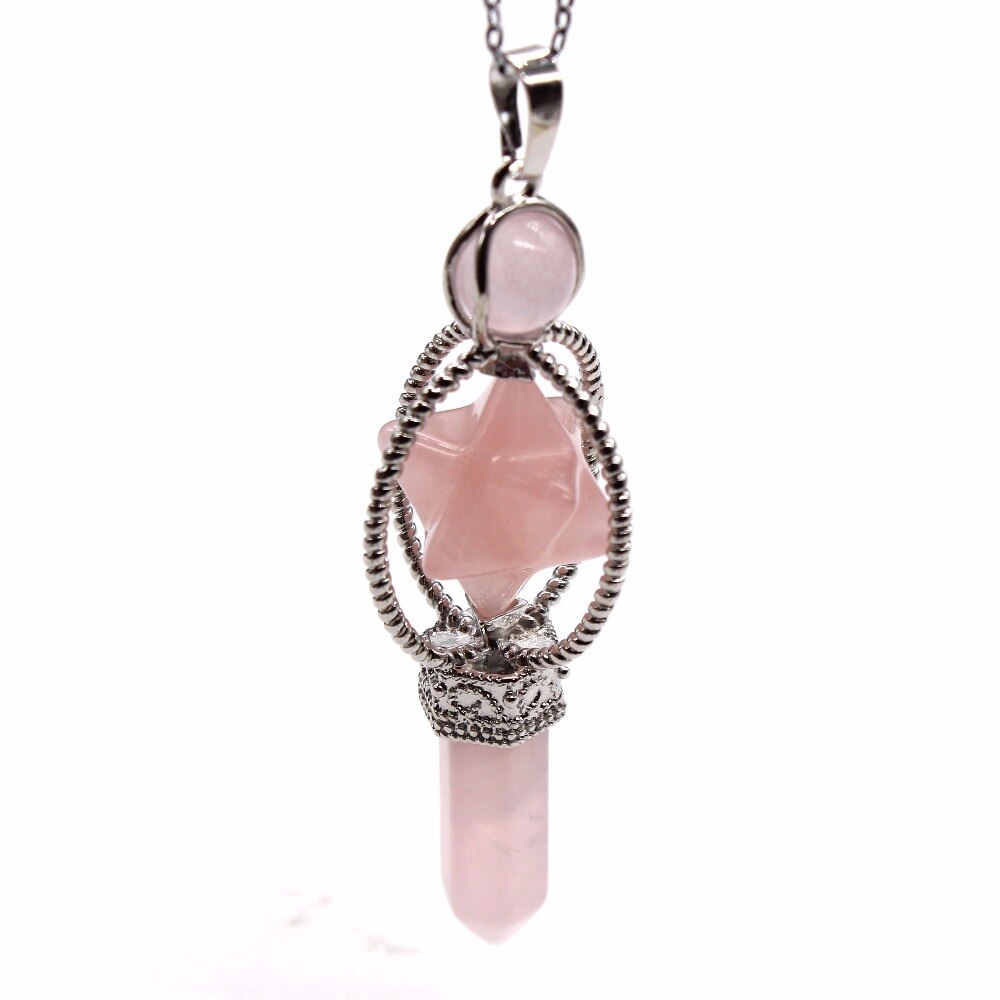 Natural Gnergy Gemstone Vintage Silver Plated Amethysts Energy Symbol Sceptre Pendant With Round Beads Rose Pink Quartz Jewelry