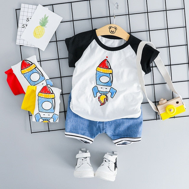 MOF Kids Baby Boy Summer Outfit - Cartoon Print T-Shirt & Shorts