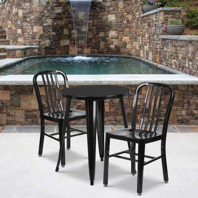 Napoleon Commercial Grade 24 Round Black Metal Indoor-Outdoor Table Set with 2 Vertical Slat Back Chairs