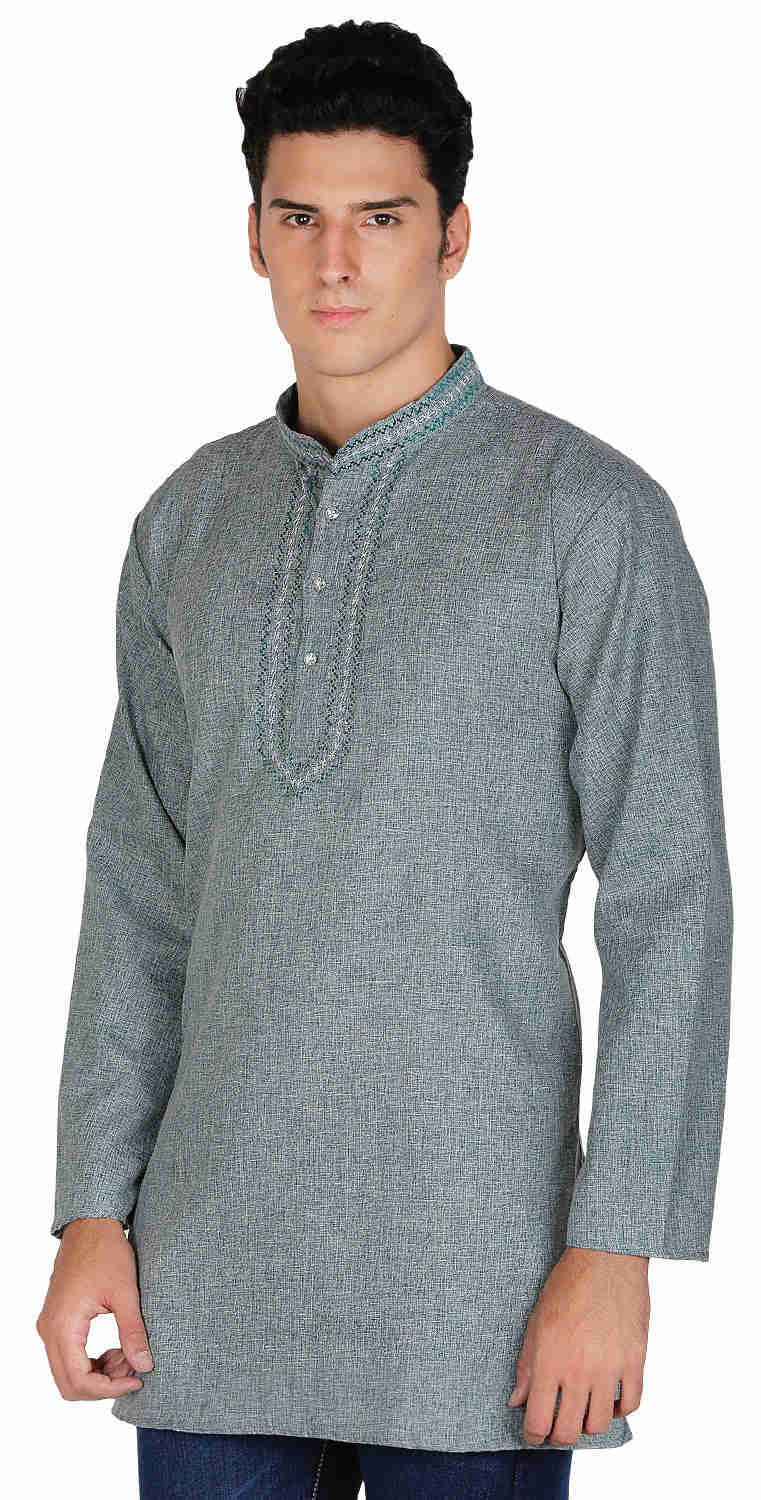 Cotton Embroidered Mens Short Kurta - Green Indian Fashion Clothing
