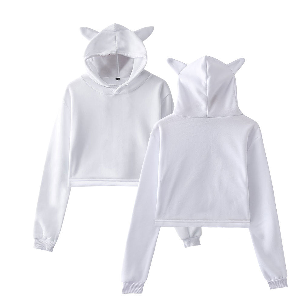 Cropped Long Sleeved Pull-Over Hoodie with Cat Ears