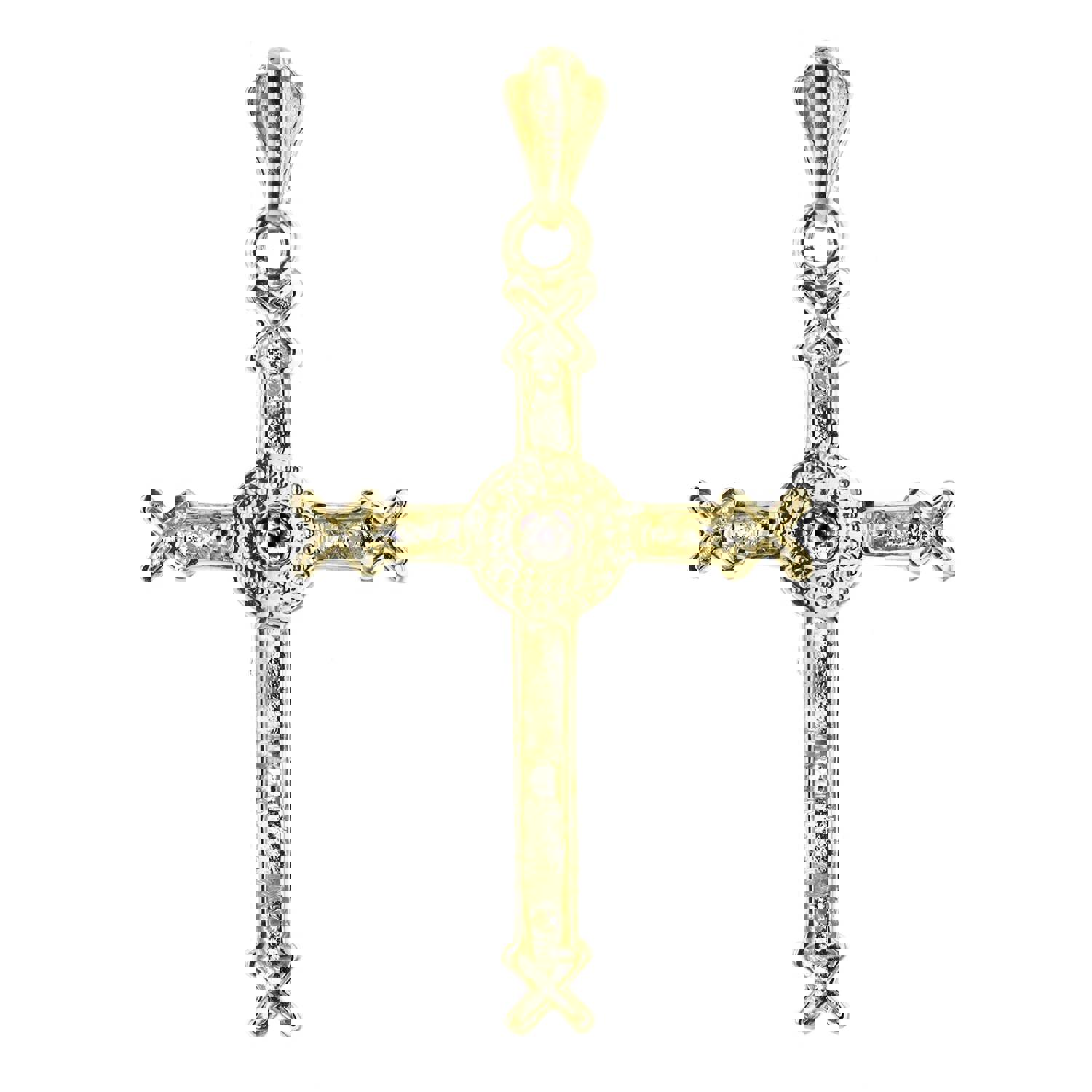 14K Tricolor Gold Pave Sunburst Crucifix Pendant