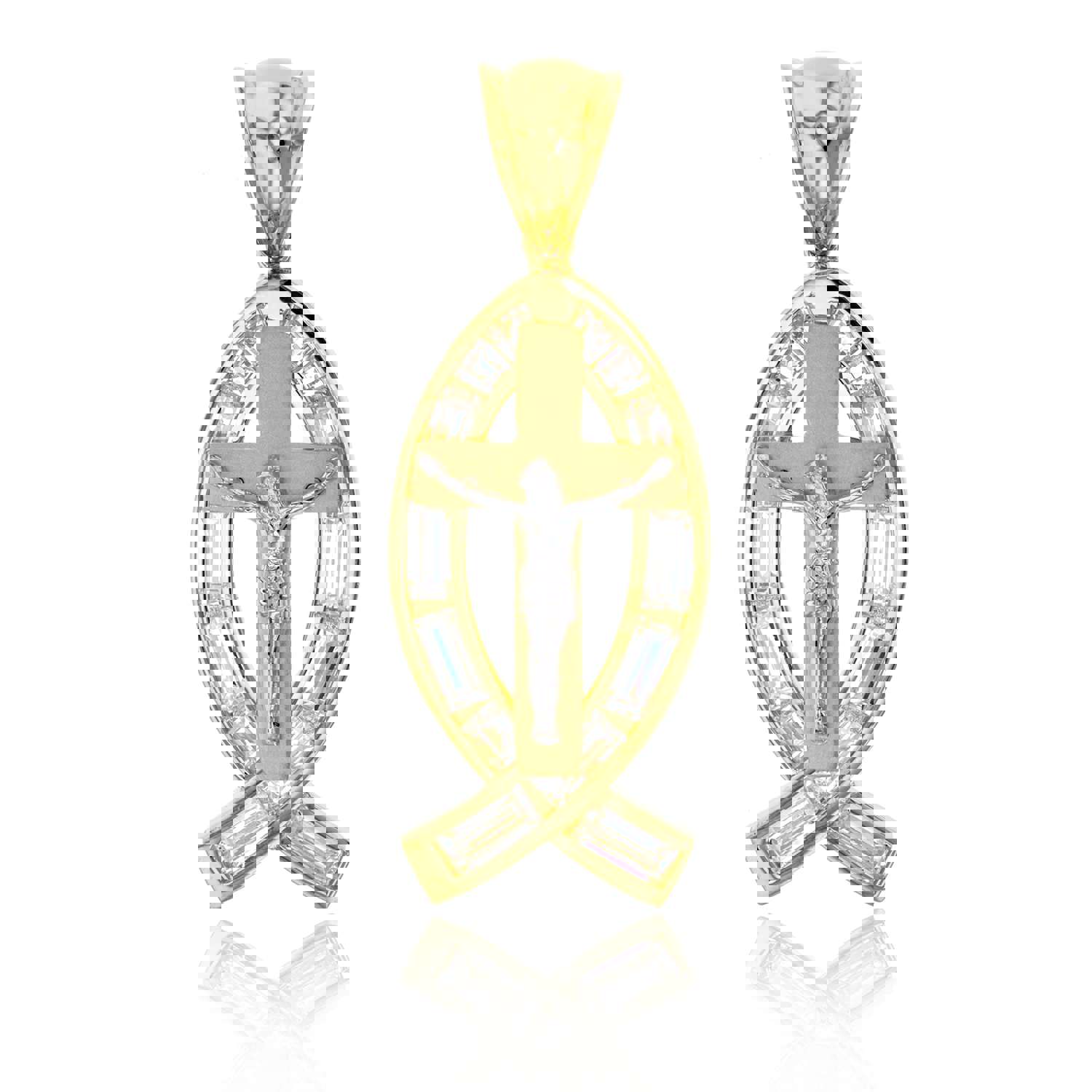 14K Gold Yellow & White 42x16mm Jesus Fish Cross Pendant