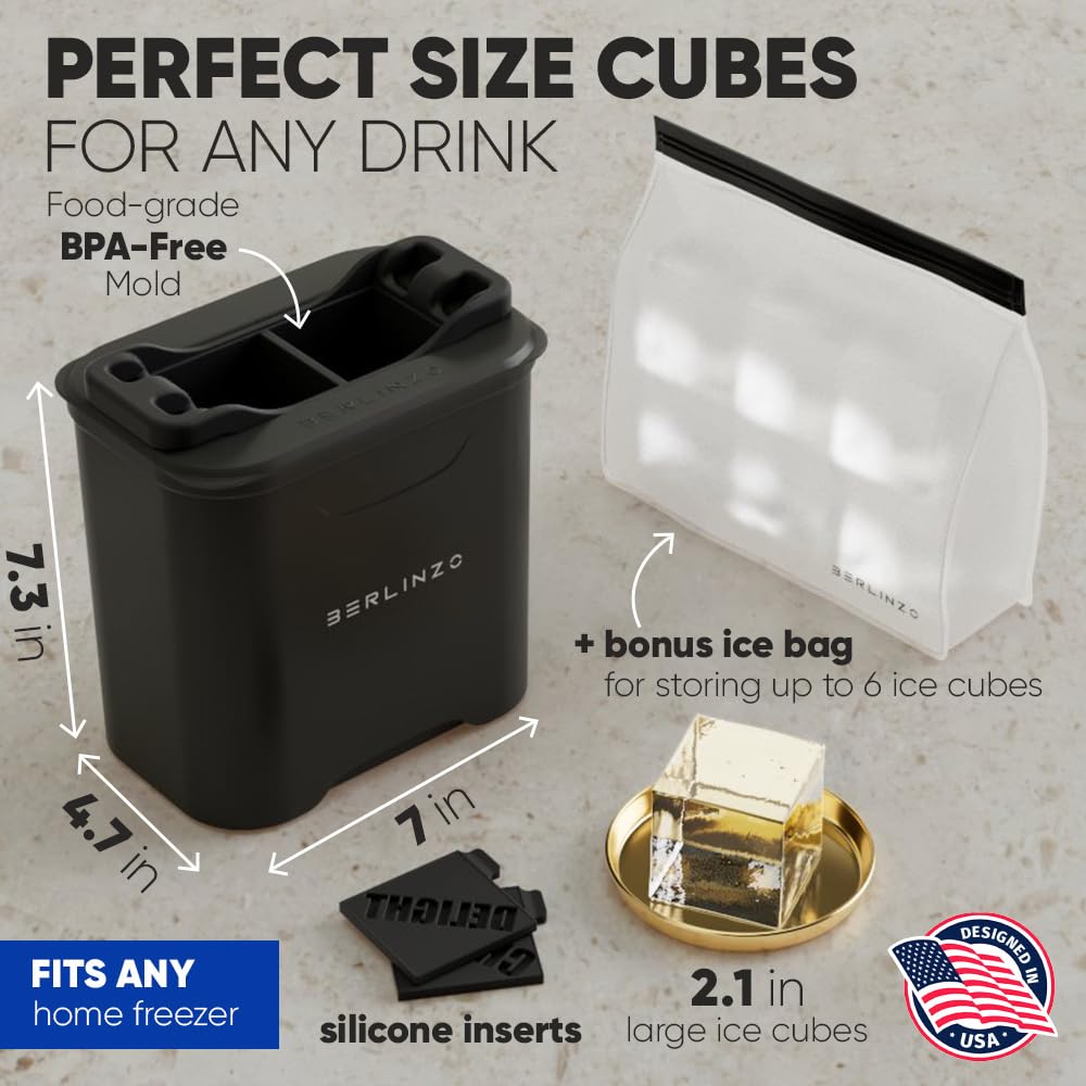 Berlinzo Premium Clear Ice Cube Maker [2024 Upgraded] - 2.1-inch Crystal Clear Ice Balls for Whiskey & Cocktails