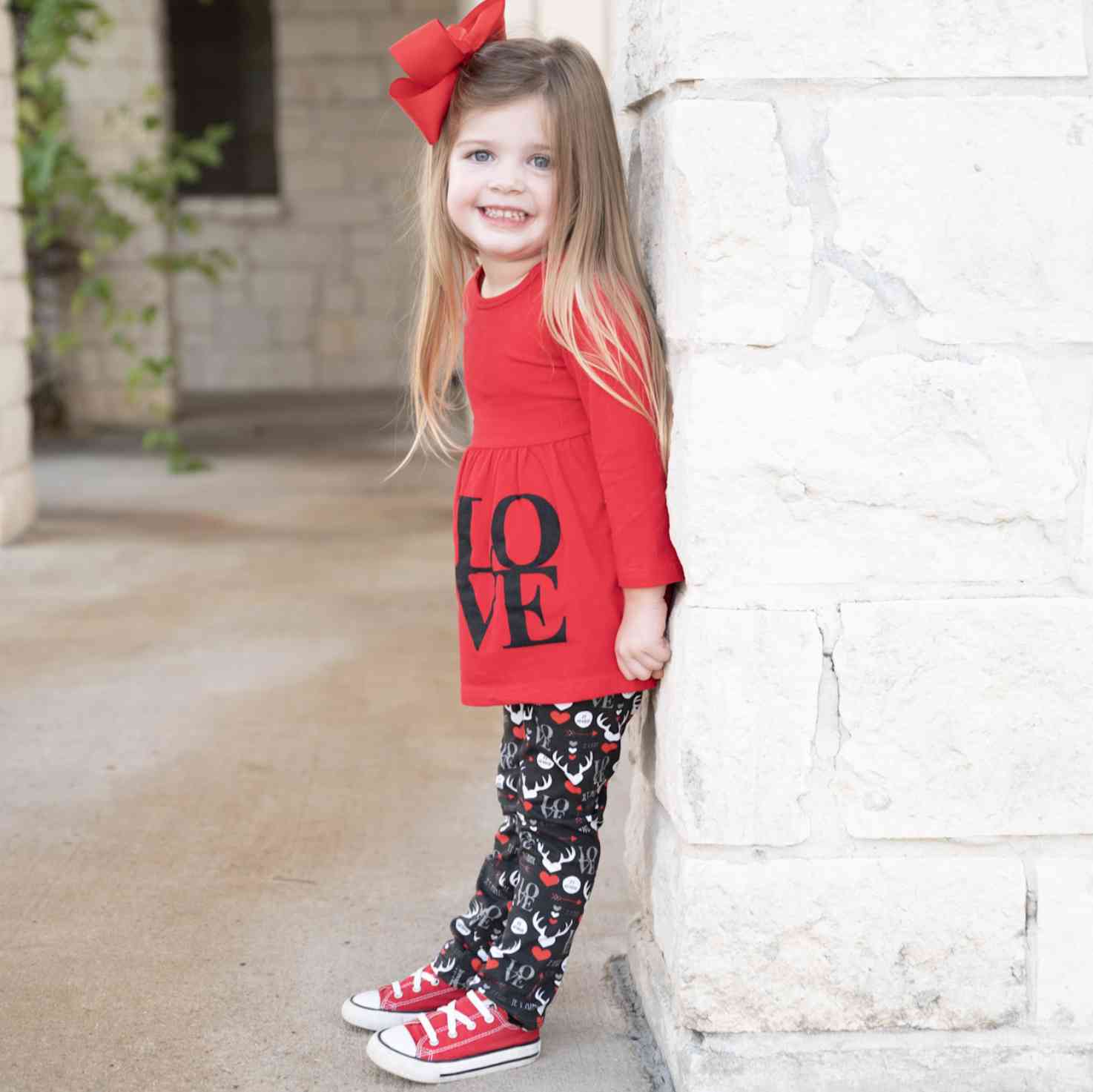 Girls Valentines Day LOVE Red Long Sleeve Tunic Leggings & Scarf Clothing Set