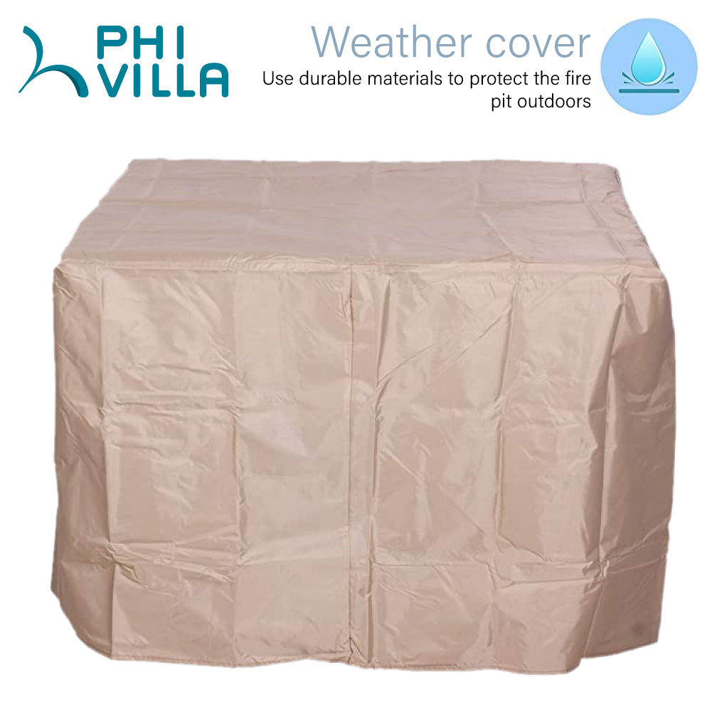 PHI VILLA 32 Inch 50,000 BTU Outdoor Terrafab Square Gas Fire Pit Table With Lid & Lava Rocks & PVC Cover