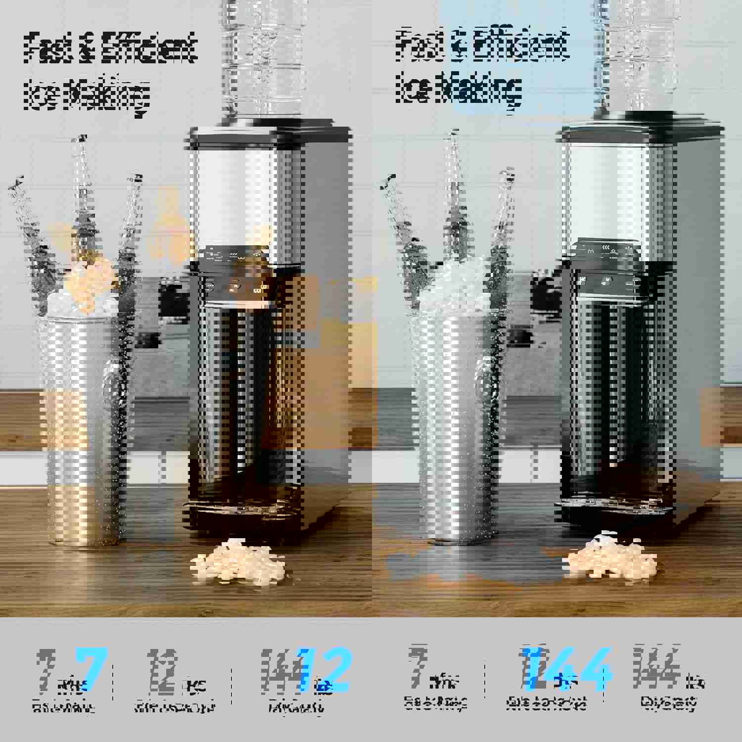 3 in 1 Portable Ice Maker with Hot/Cold Water Dispenser, 12 Cubes in 7 Mins, 44Lbs/24H Stainless Steel Nugget Ice Maker for Home Bar/Camping/RV