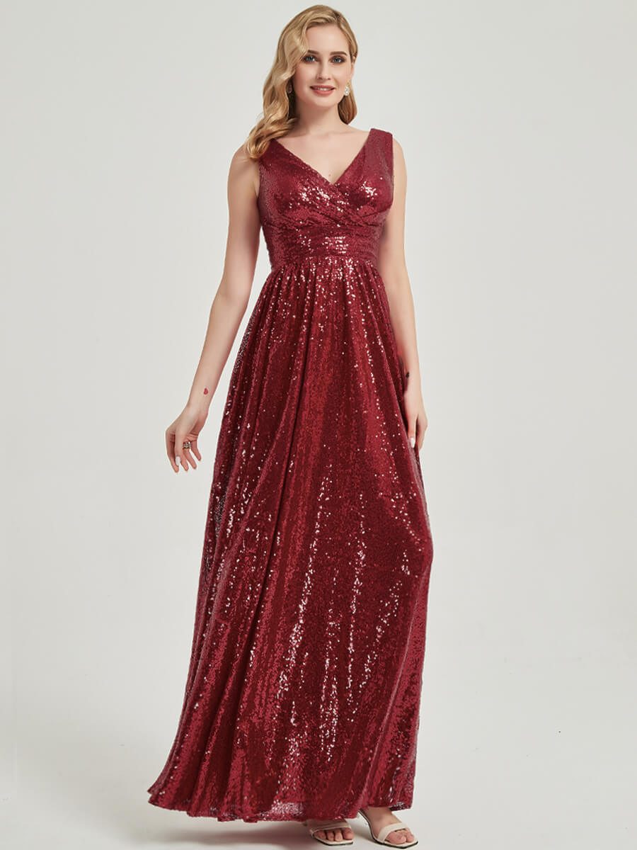 Wine Red V-Neck Sleeveless Floor Length Sequin Bridesmaid Dress