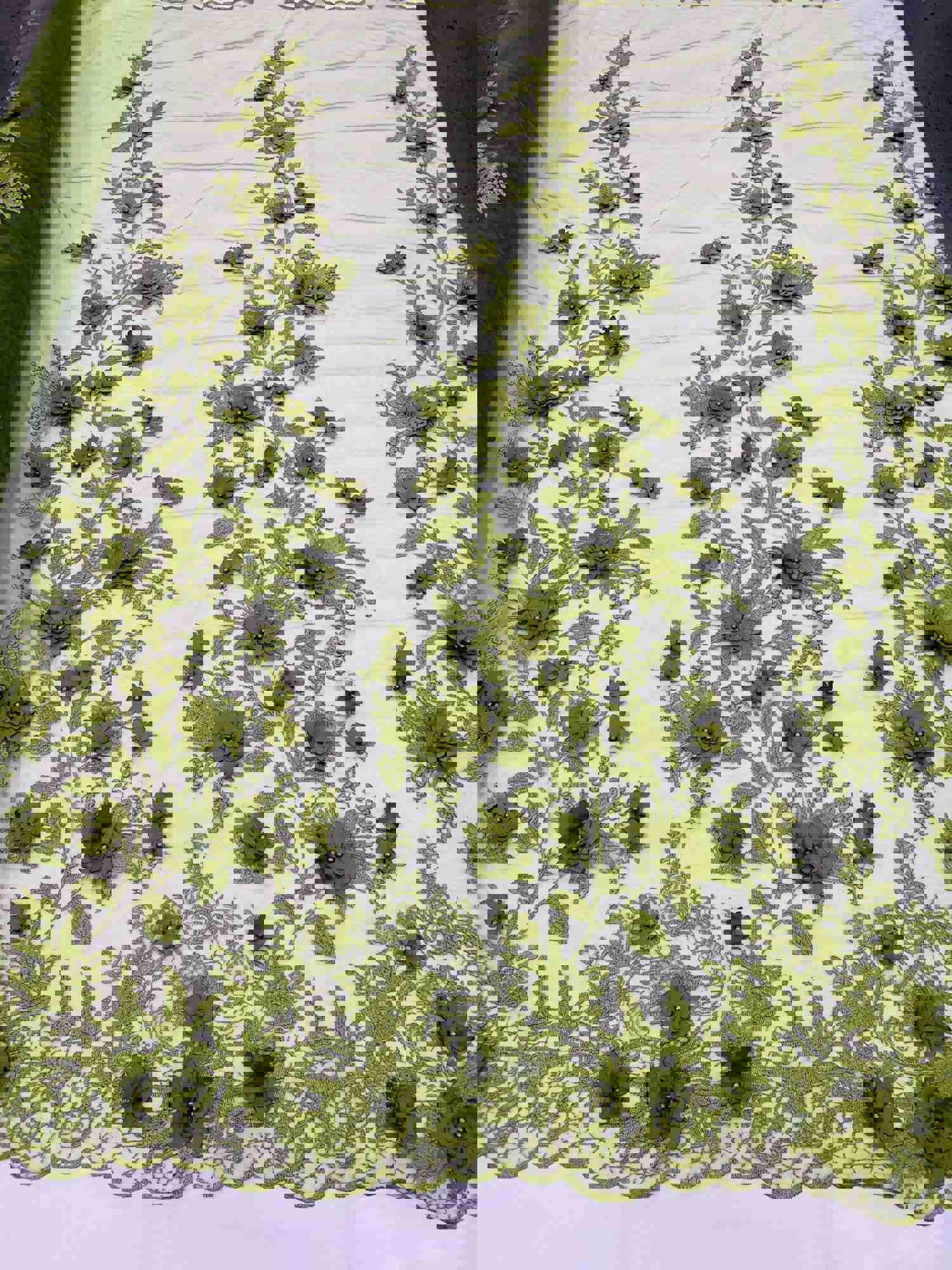 Olive Green Two Tone 3D Floral Embroidered Beaded Mesh Lace Fabric