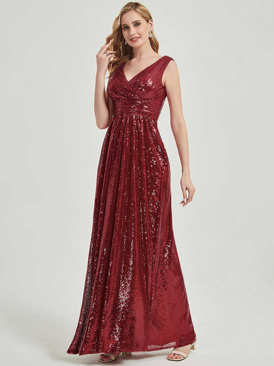 Wine Red V-Neck Sleeveless Floor Length Sequin Bridesmaid Dress
