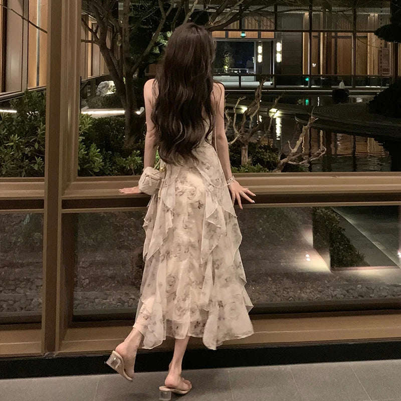 Nukty Vintage Shivering Print Dress for Women - Sling Sleeveless Slim Flounce Chiffon Casual Korean Long Dress