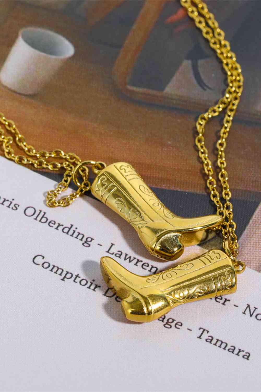 Cowboy Boot Pendant Stainless Steel Necklace - 18K Gold-Plated Retro Style