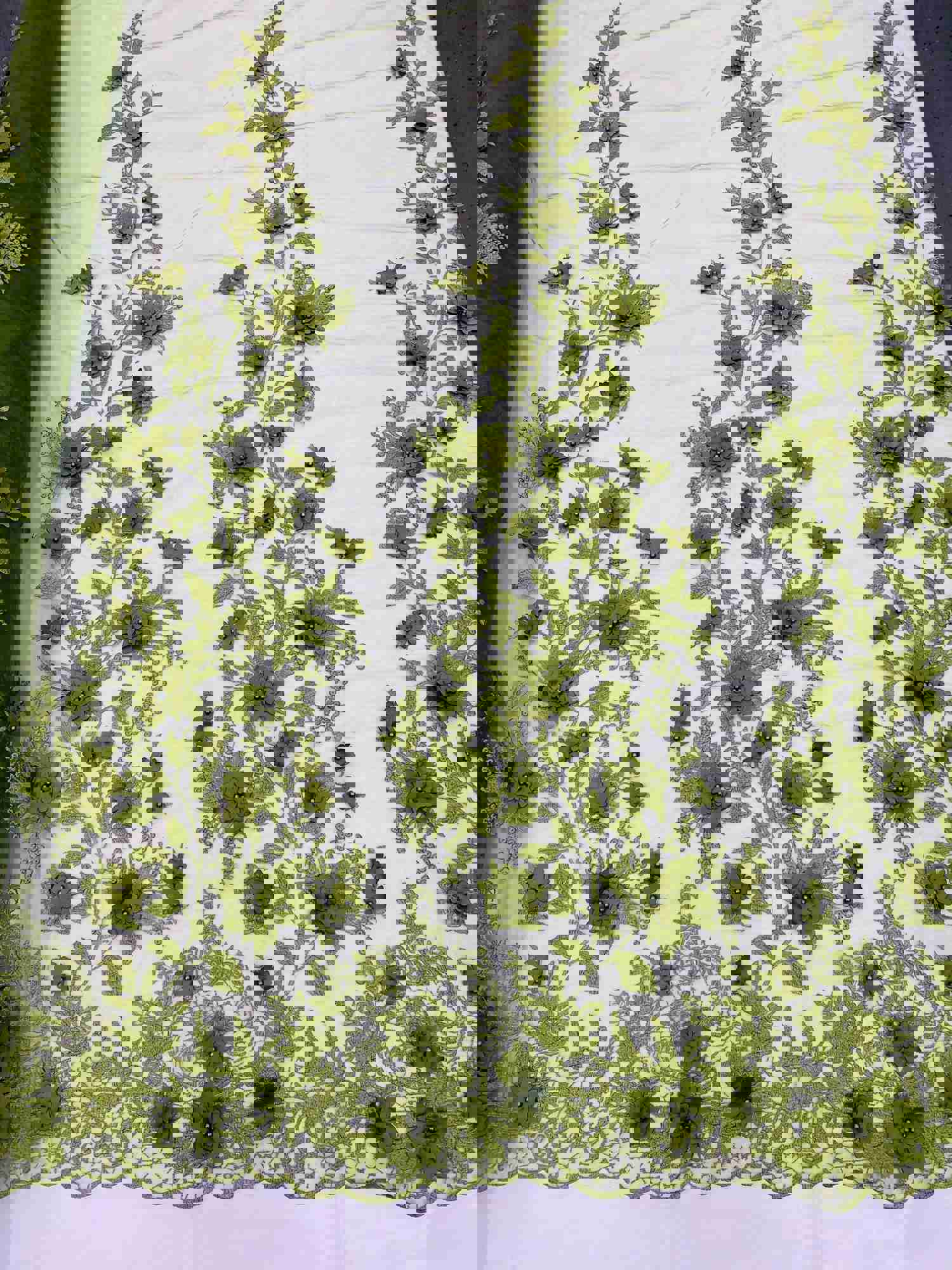 Olive Green Two Tone 3D Floral Embroidered Beaded Mesh Lace Fabric