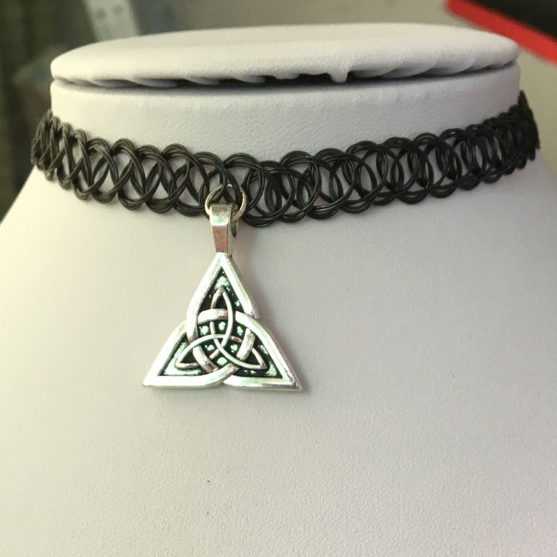 80s 90s 00s Celtic Knot Elastic Tattoo Choker Necklace - Gothic Tibetan Silver Pendant