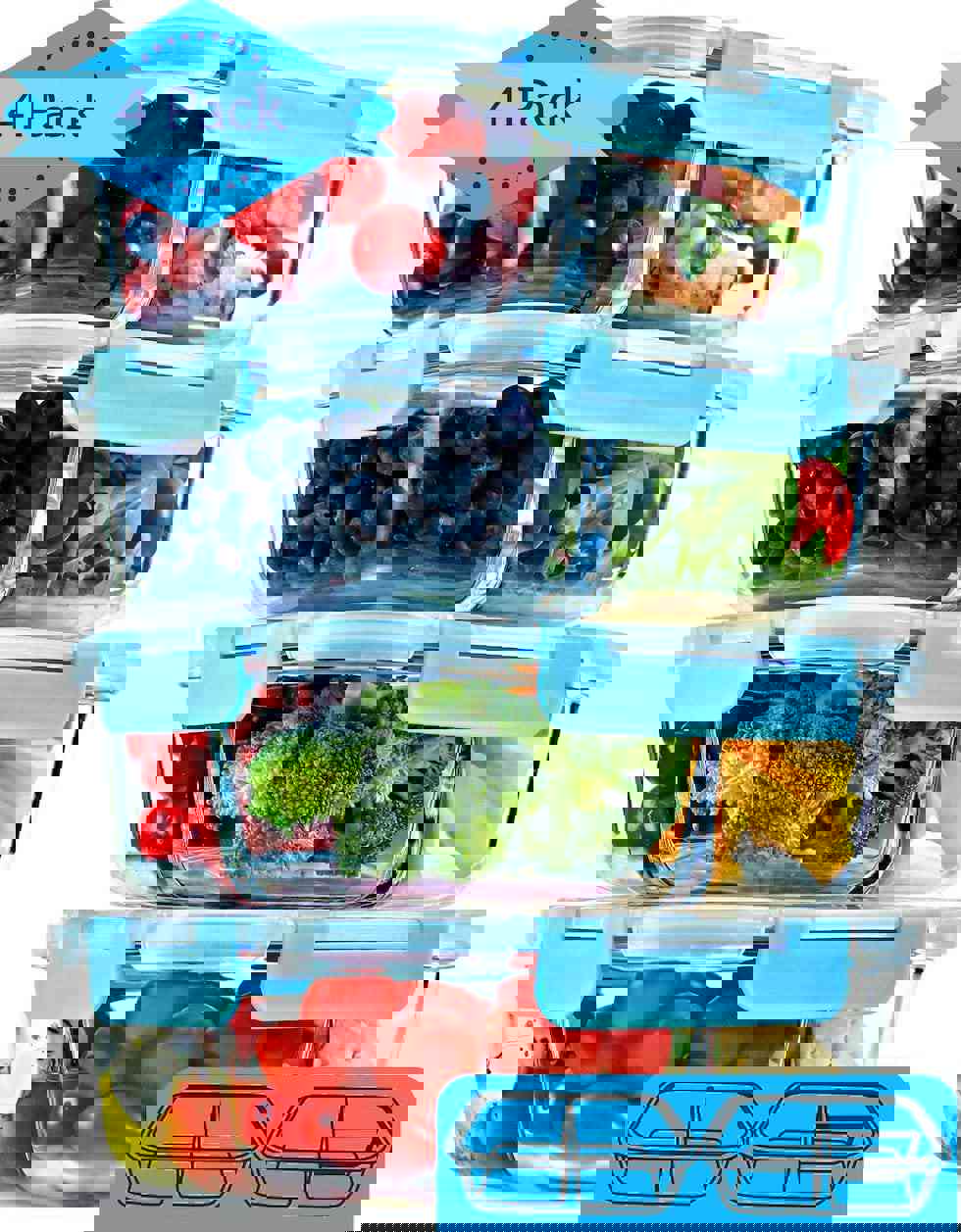 FIT Strong & Healthy 2 & 3 Compartment Glass Meal Prep Containers (4 Pack, 32 oz)