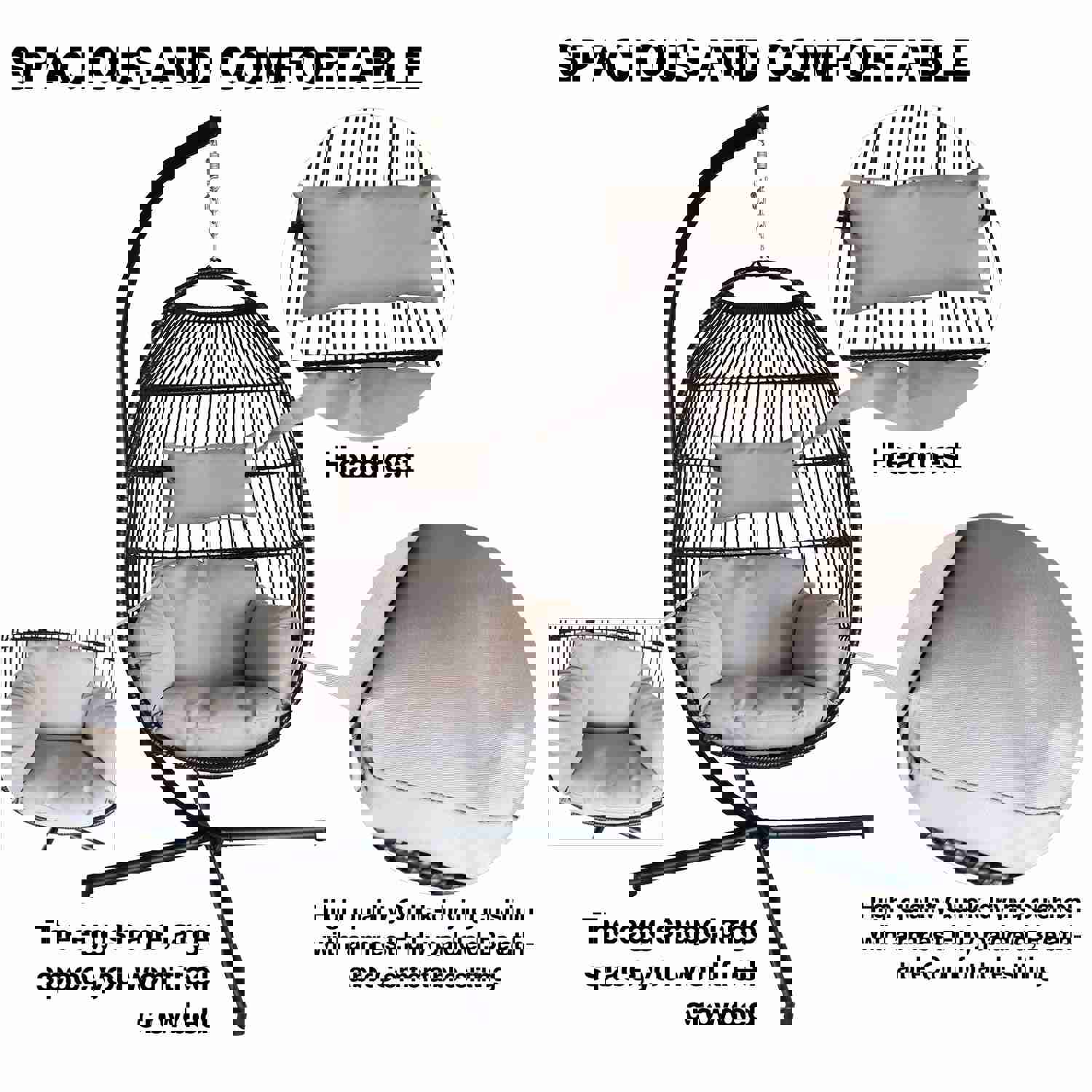 Large Folding Hanging Egg Chair with Stand for Outdoor Patio, Grey Cushion, 330LBS Capacity