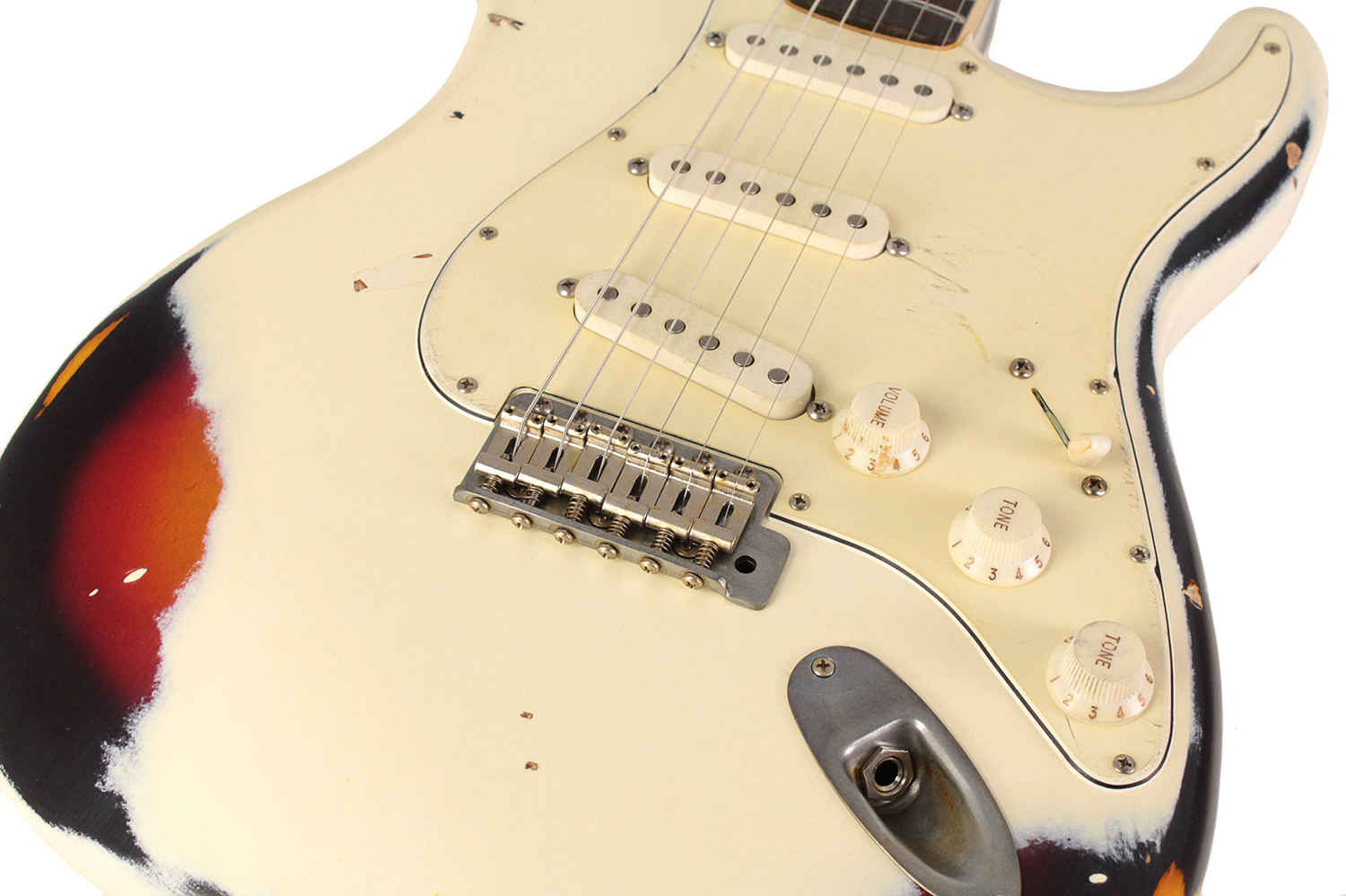 Nash S-67 Guitar, Olympic White over 3 Tone Sunburst, Heavy Aging