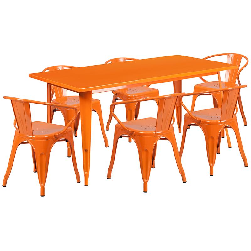 Flash Furniture 31.5 x 63 Rectangular Orange Metal Indoor-Outdoor Table Set with 6 Arm Chairs