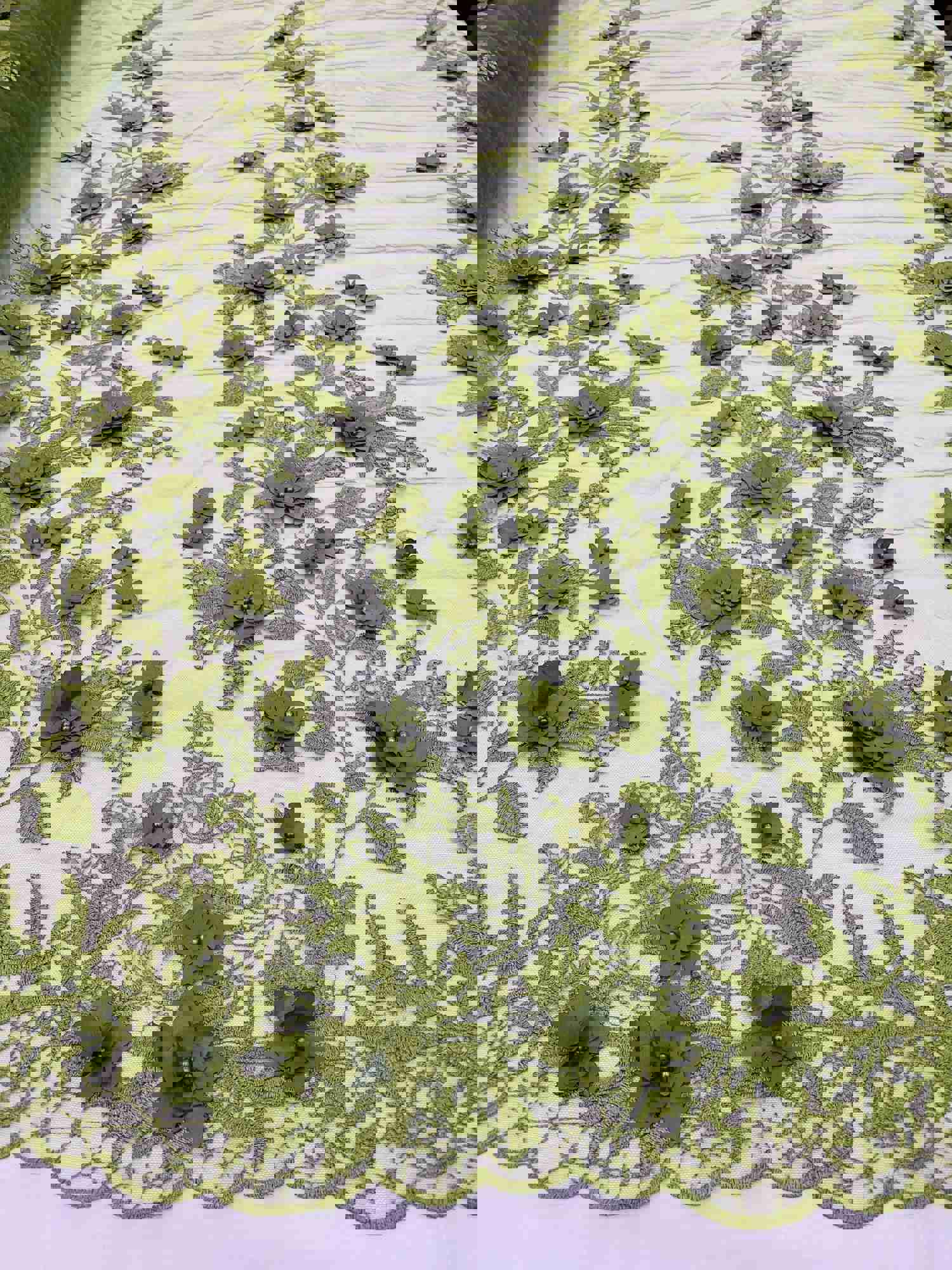 Olive Green Two Tone 3D Floral Embroidered Beaded Mesh Lace Fabric