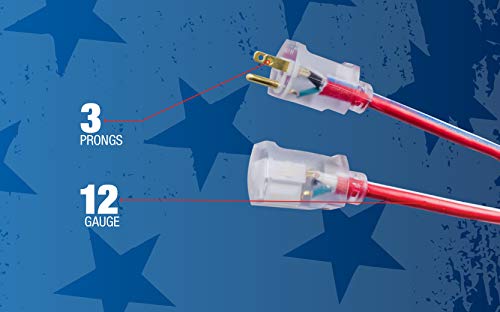 Southwire 2549 100-Feet Contractor Grade Extension Cord, 12/3, Lighted End, Red White and Blue, Indoor/Outdoor Use