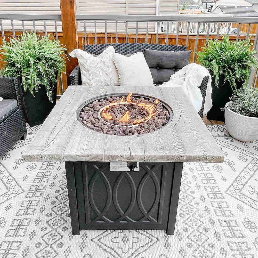 PHI VILLA 32 Inch 50,000 BTU Outdoor Terrafab Square Gas Fire Pit Table With Lid & Lava Rocks & PVC Cover