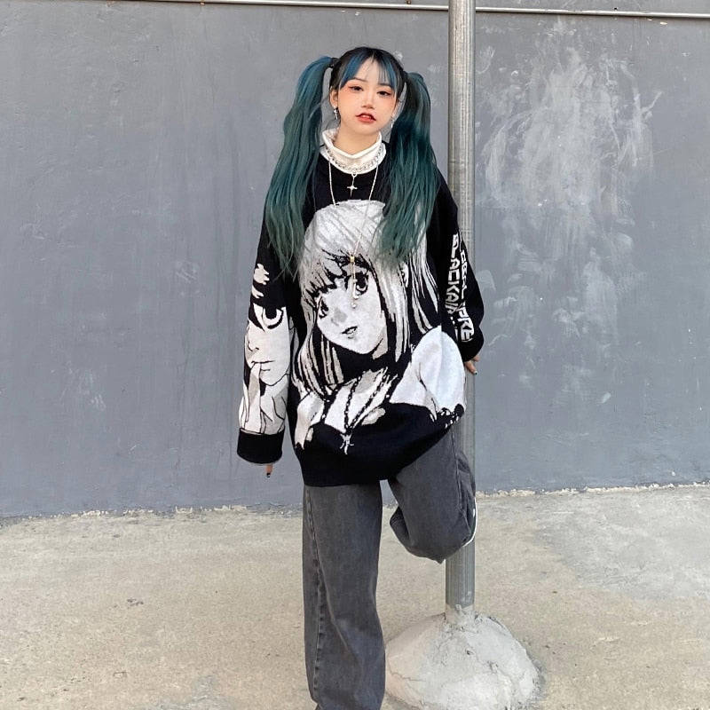Christmas Anime Print Sweatshirt for Women - Harajuku Gothic Oversized Hoodie