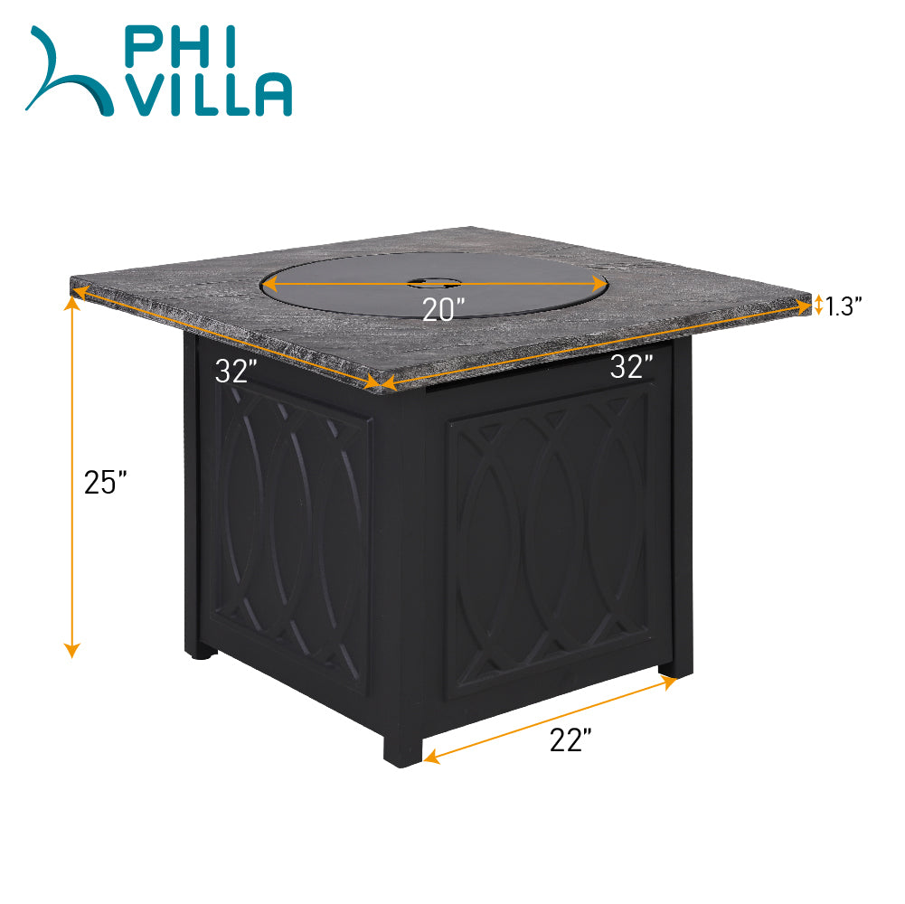 PHI VILLA 32 Inch 50,000 BTU Outdoor Terrafab Square Gas Fire Pit Table With Lid & Lava Rocks & PVC Cover