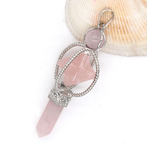 Natural Gnergy Gemstone Vintage Silver Plated Amethysts Energy Symbol Sceptre Pendant With Round Beads Rose Pink Quartz Jewelry