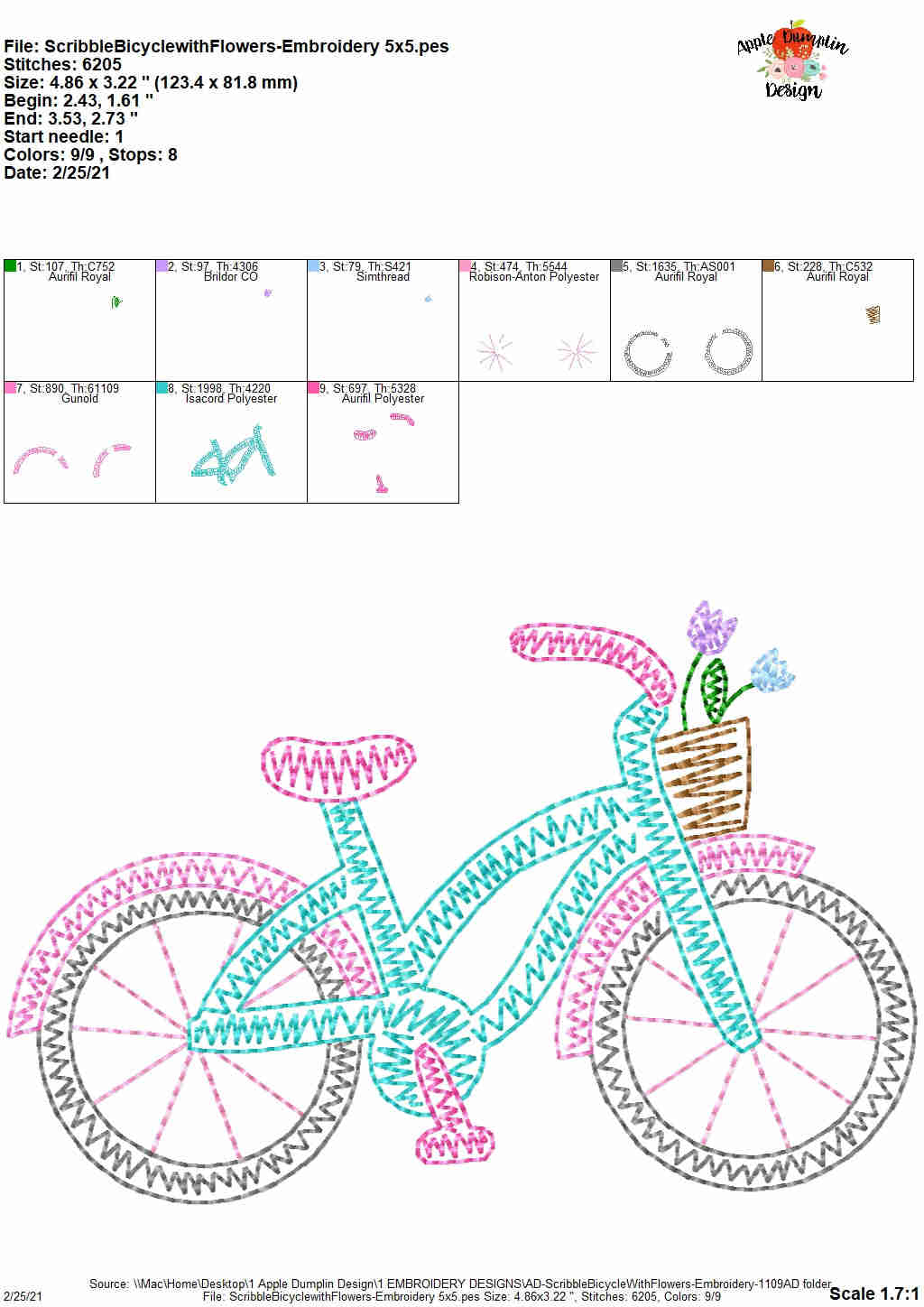 Scribble Bicycle with Flowers Embroidery Design