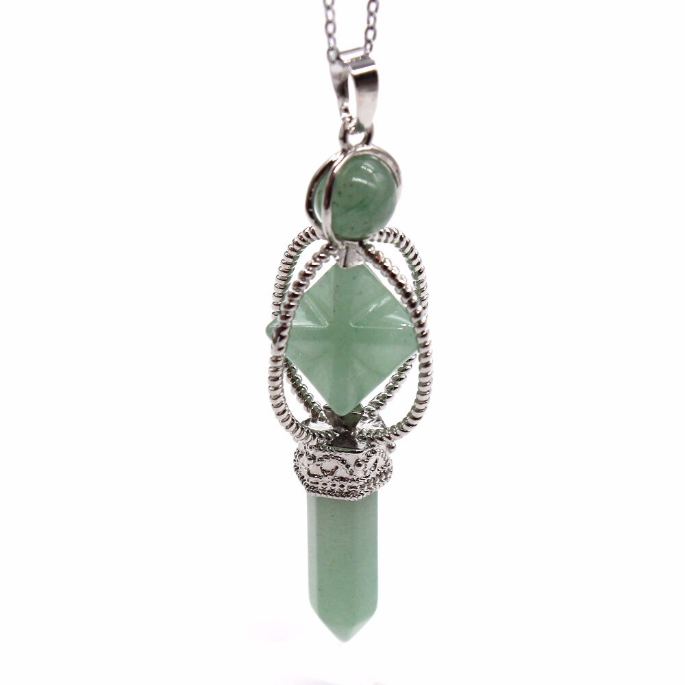 Natural Gnergy Gemstone Vintage Silver Plated Amethysts Energy Symbol Sceptre Pendant With Round Beads Rose Pink Quartz Jewelry