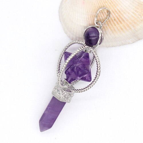 Natural Gnergy Gemstone Vintage Silver Plated Amethysts Energy Symbol Sceptre Pendant With Round Beads Rose Pink Quartz Jewelry