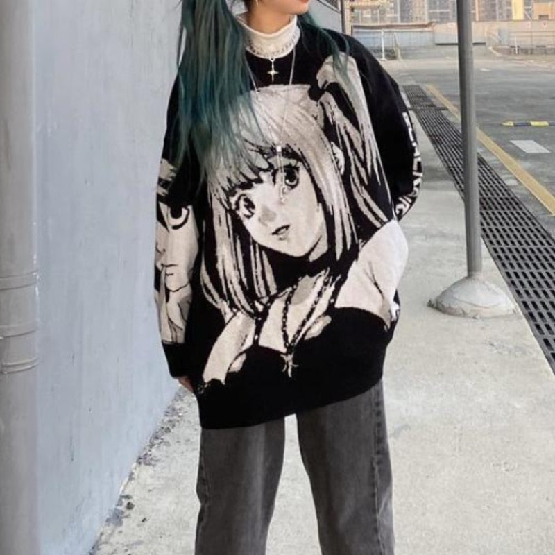Christmas Anime Print Sweatshirt for Women - Harajuku Gothic Oversized Hoodie