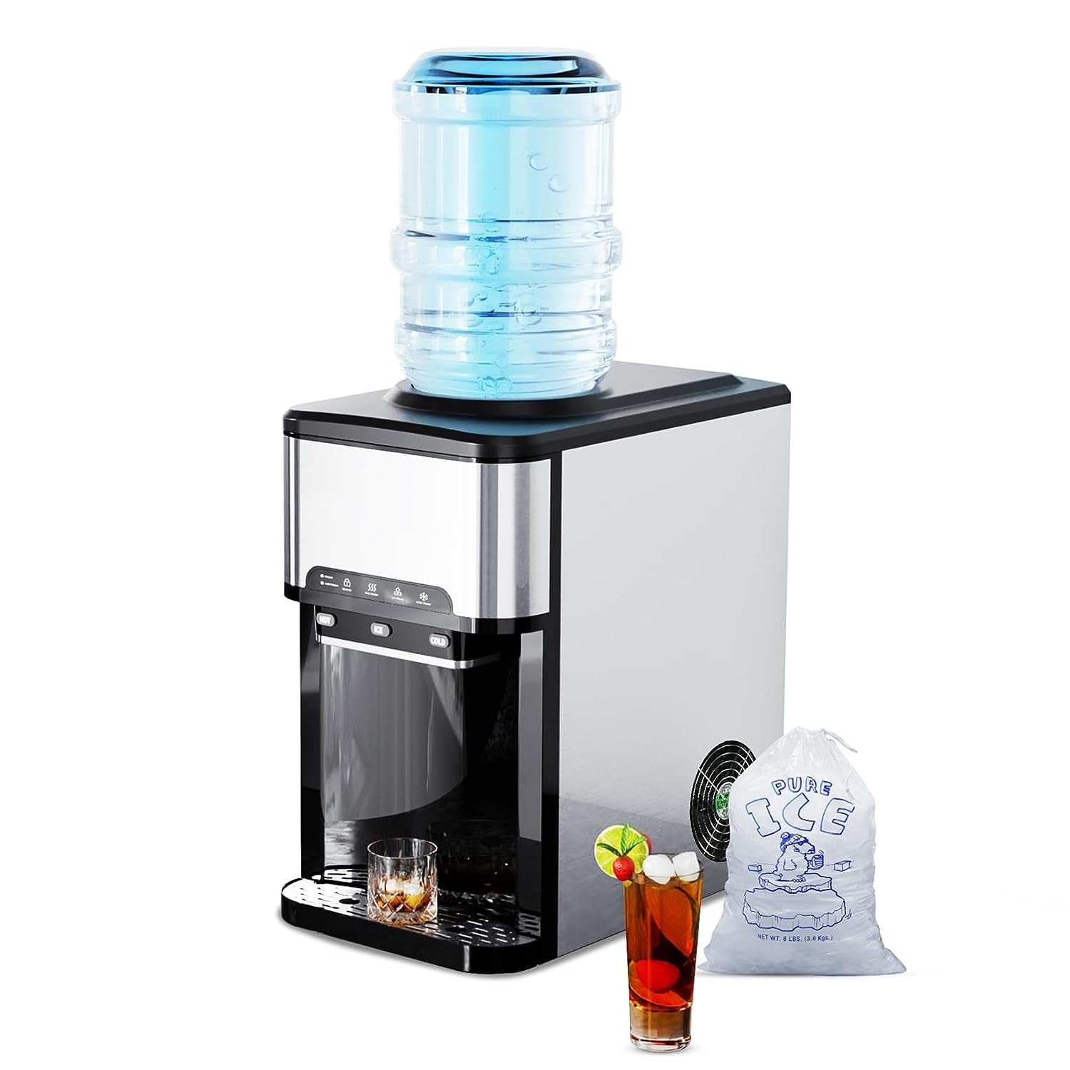 3 in 1 Portable Ice Maker with Hot/Cold Water Dispenser, 12 Cubes in 7 Mins, 44Lbs/24H Stainless Steel Nugget Ice Maker for Home Bar/Camping/RV