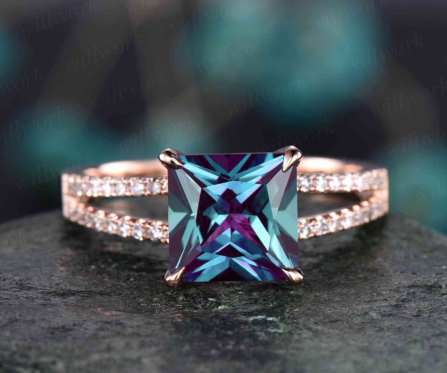 Unique Princess Cut Alexandrite Engagement Ring in Rose Gold with Diamonds