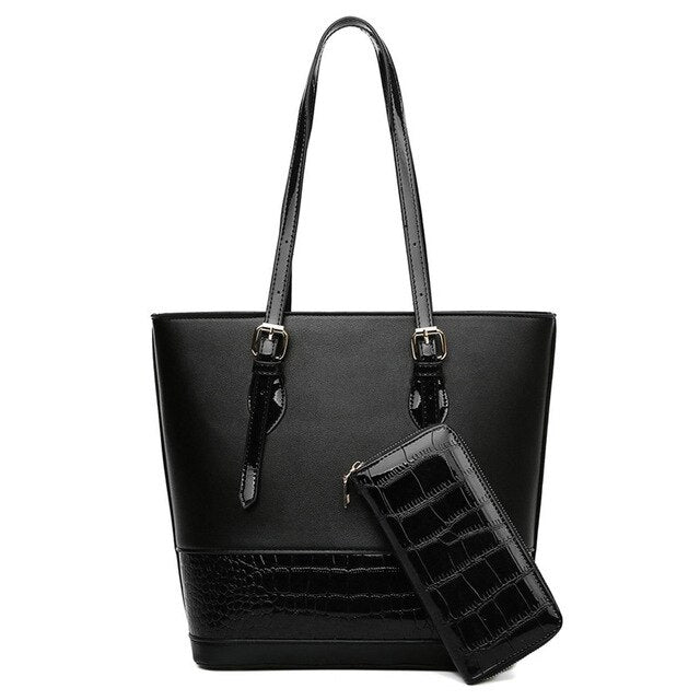 Stylish Large Capacity Crocodile Patchwork PU Leather Purse and Bag Set